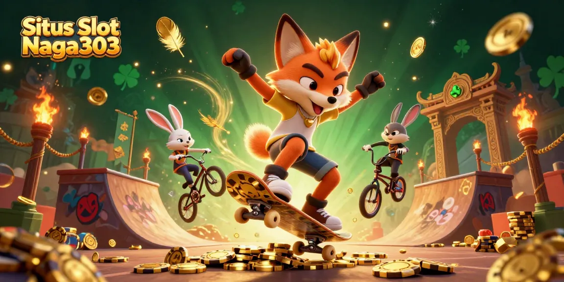 Situs Slot Naga303 showcases a vibrant 3D illustration with characters doing tricks alongside golden casino elements, enhancing the gambling experience.