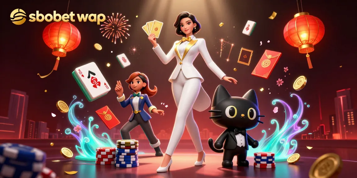 Engage with sbobet wap through a vibrant casino scene featuring a glamorous woman and a cartoon cat, shuffling cards.