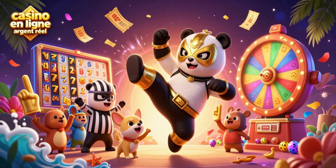 Illustration dynamique d'un casino en ligne argent réel, mettant en scène un panda lutteur et des éléments de jeu