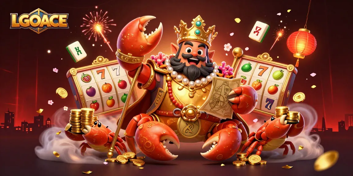 LGOACE showcases exciting jackpots with a golden crab emperor and dynamic slots scene.
