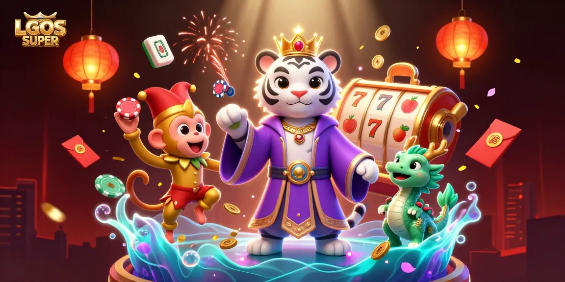 Engage with LGOSUPER's vibrant casino scene depicting a white tiger, a jester monkey, and dynamic slot game elements.