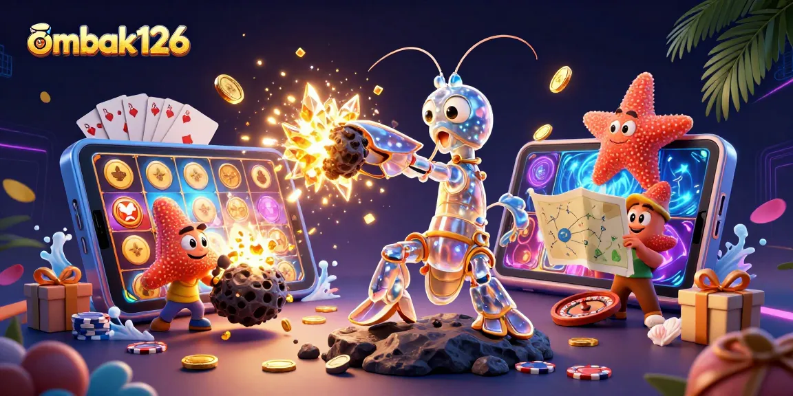 Experience the excitement of ombak126 as the galactic samurai mantis shrimp battles for riches in this vibrant casino illustration.