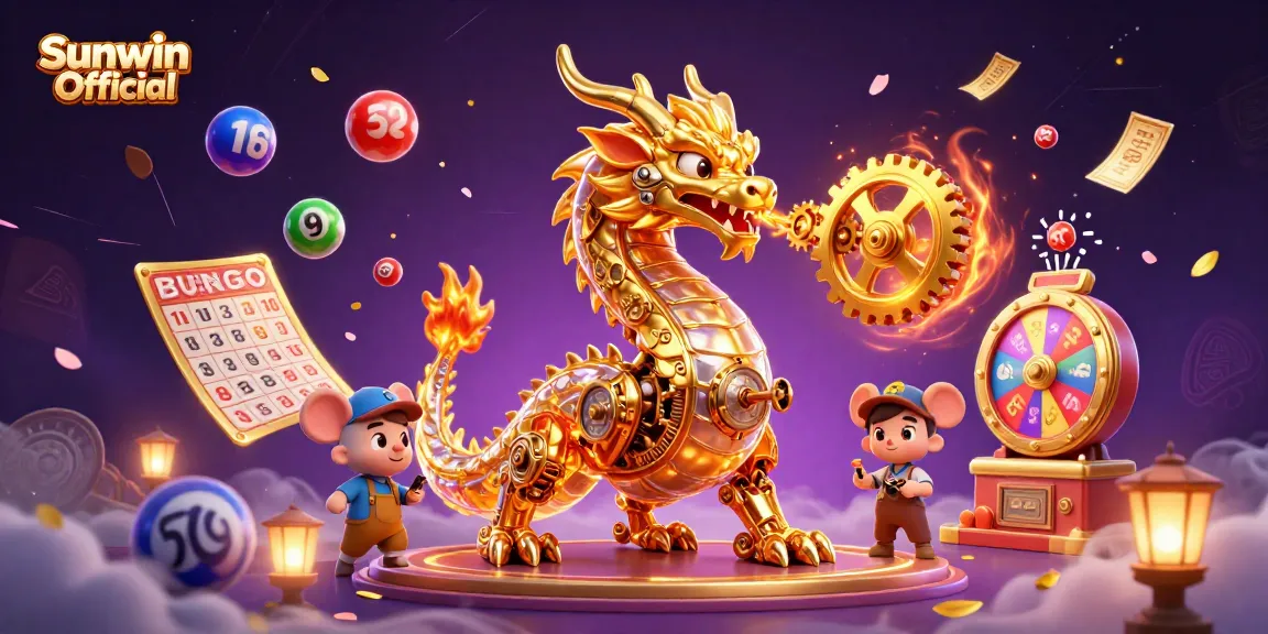 Capture the excitement of gaming with Sunwin Official, showcasing a golden dragon with clockwork features amidst vibrant casino elements.