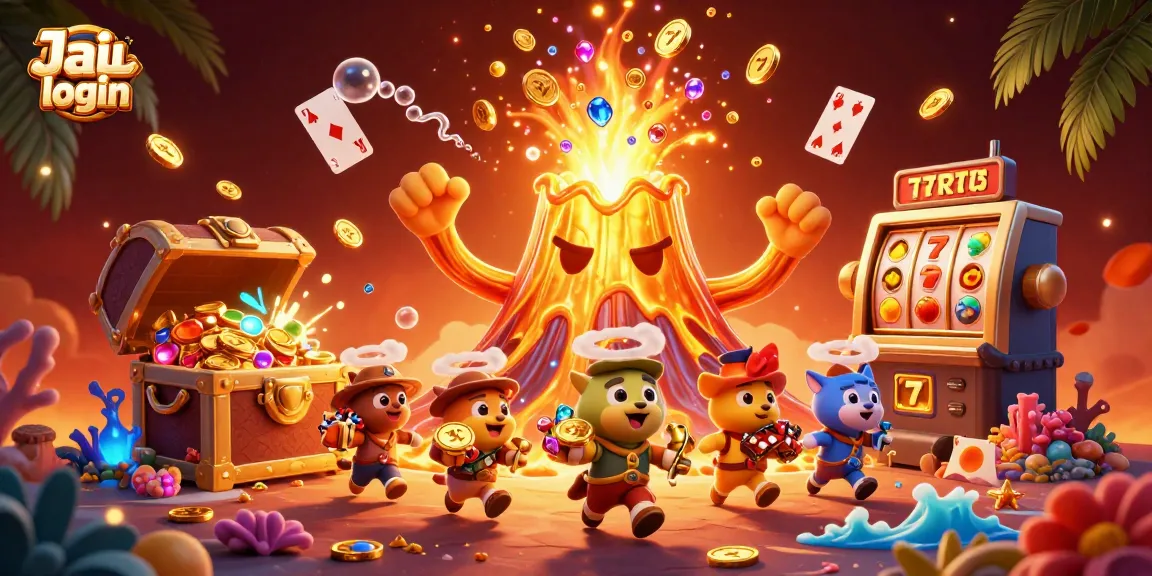 Engage in thrilling Jai club login gameplay with vibrant slots, coins, and treasures around a golden volcano.