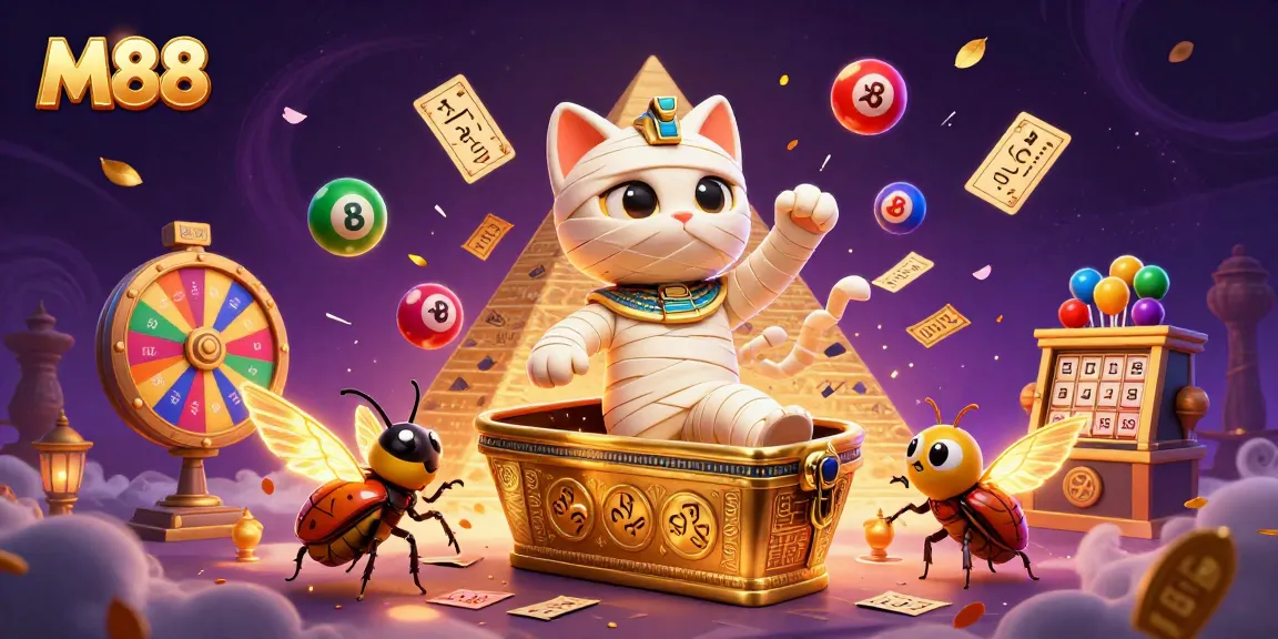 M88 gamblers savoring excitement with a mummy cat and scarab beetle amidst colorful casino activities.