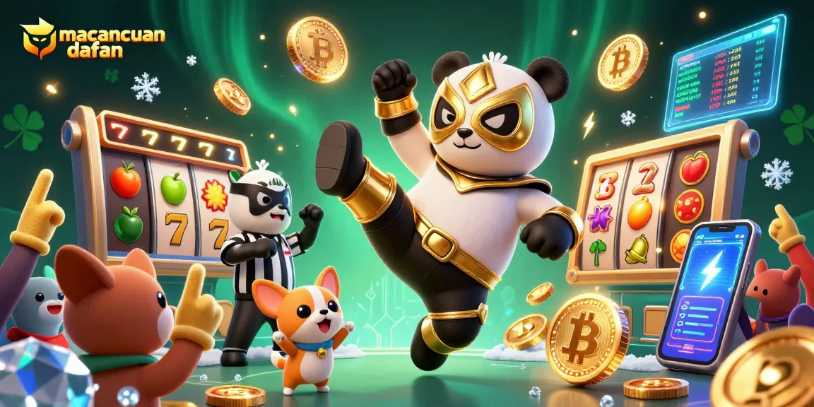 Ilustrasi fantastis dari macancuan daftar dengan panda pegulat melakukan tendangan berani di dunia kasino yang dinamis.