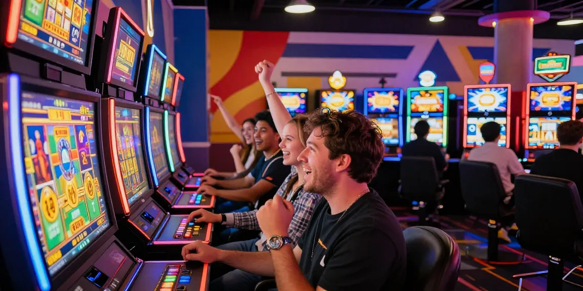 Aksi AYAMTOTO login dalam suasana bermain slot online yang penuh semangat, menunjukkan pemain yang bersenang-senang di gaming hall.