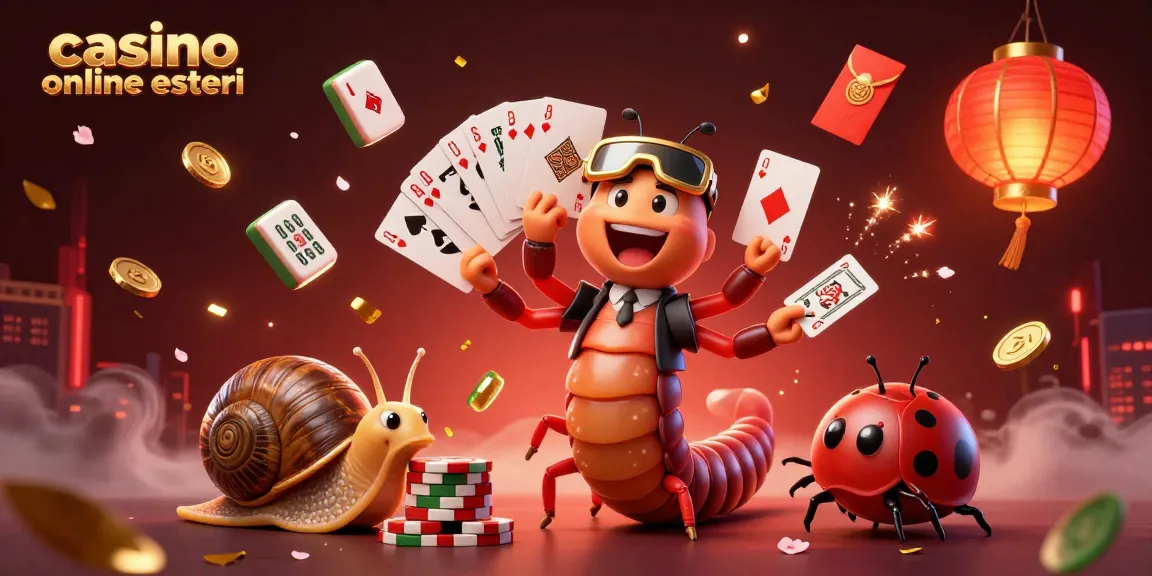 Scopri i casinò online esteri in un'illustrazione coinvolgente con elementi di gioco vivaci.