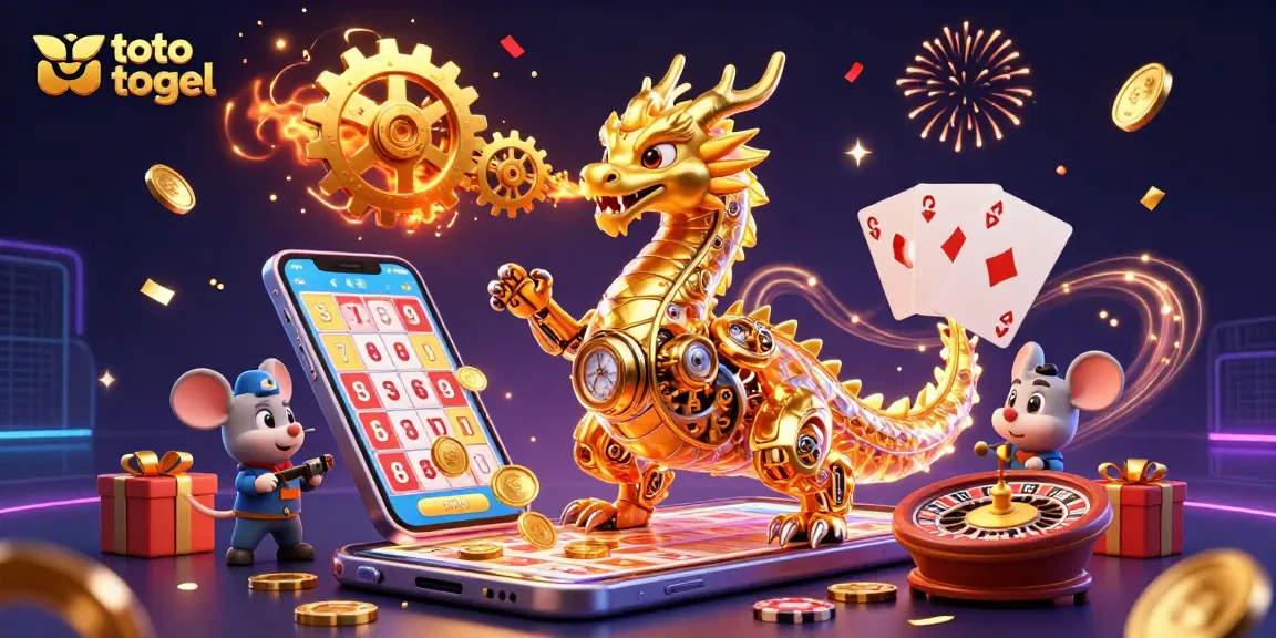 Engage with exciting toto togel experiences alongside a vibrant dragon and winning symbols.