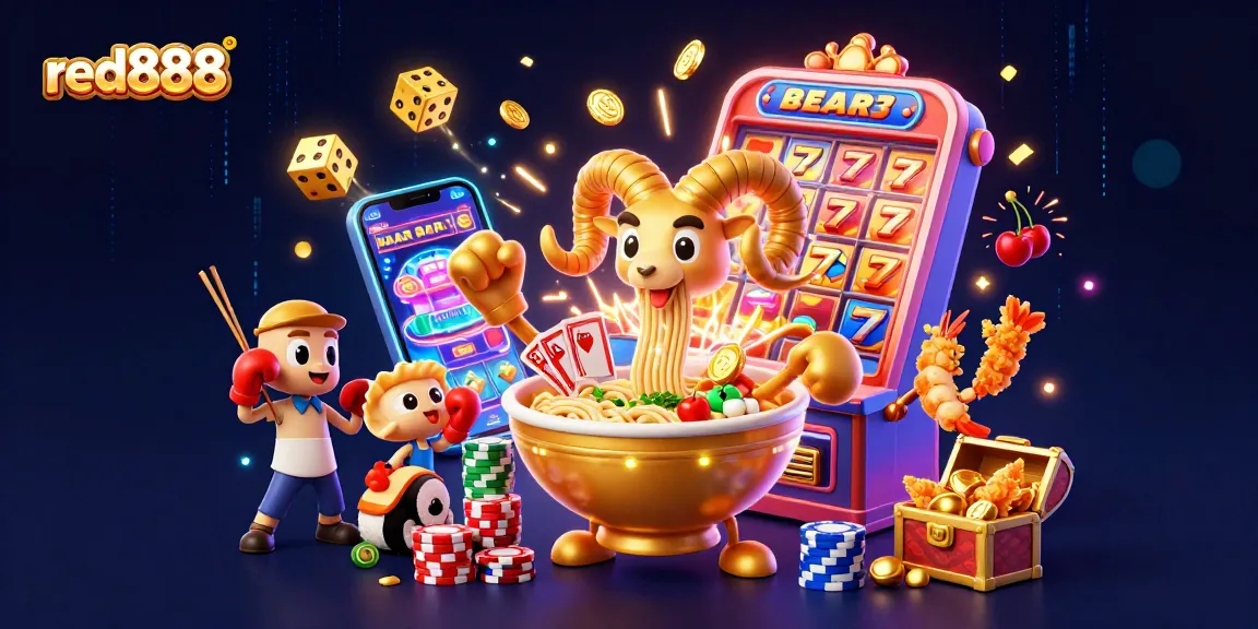 Experience excitement at red888 with a dynamic 3D casino illustration featuring colorful characters and game elements.