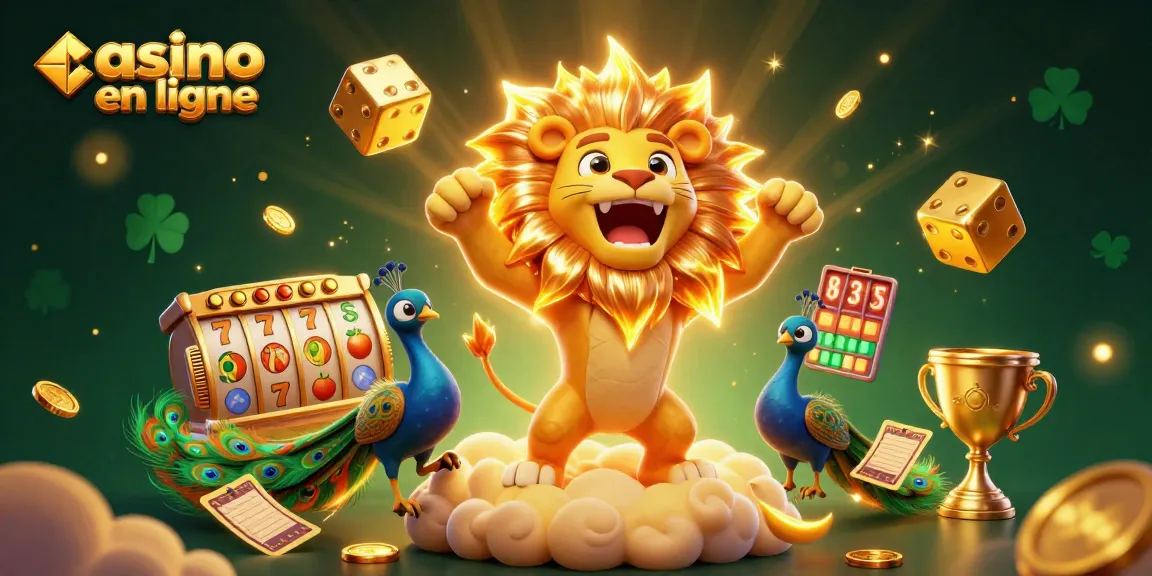 Casino en ligne : illustration dynamique du lion soleil et des dés géants sur un fond scintillant.