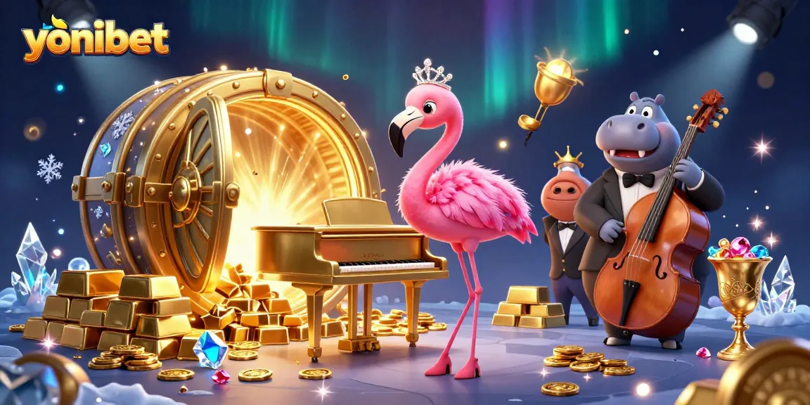 Experience yonibet's vibrant casino atmosphere with glitzy characters amid treasures and gems.