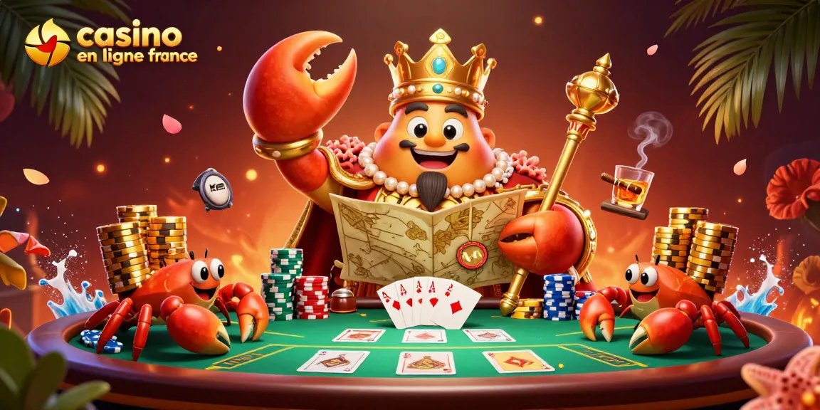 Jouez sur casino en ligne France avec un crabe doré et des jetons colorés dans une ambiance riche et animée.