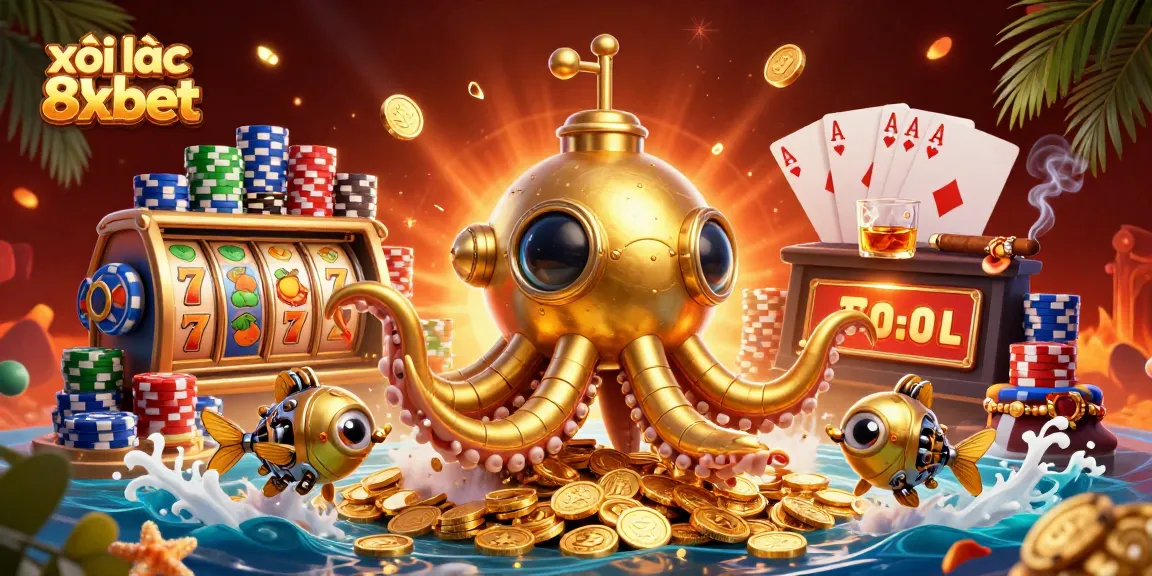 xôi lạc 8xbet celebrates thrilling casino moments with a golden kraken submarine and exciting slot elements.
