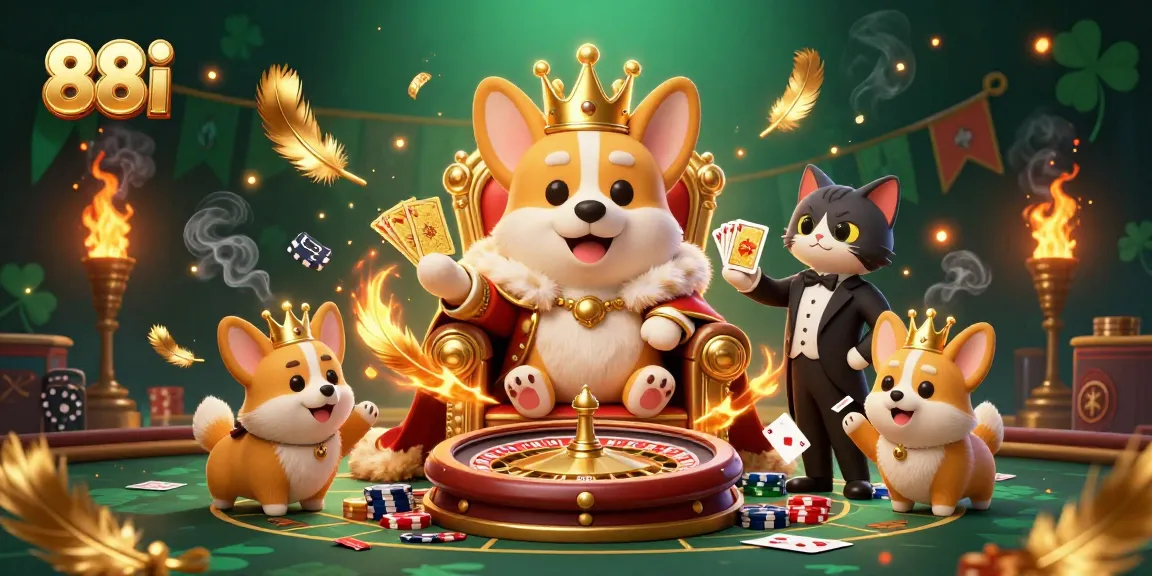 Play poker with the charismatic 88i royal corgi, surrounded by gaming excitement and luxury.