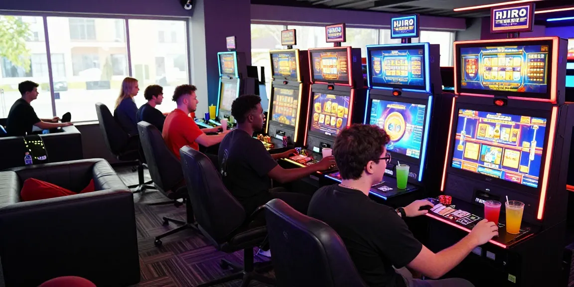 Engaging gaming scene at https://gravatar.com/playbook88official with vibrant slot machines and diverse gamers.