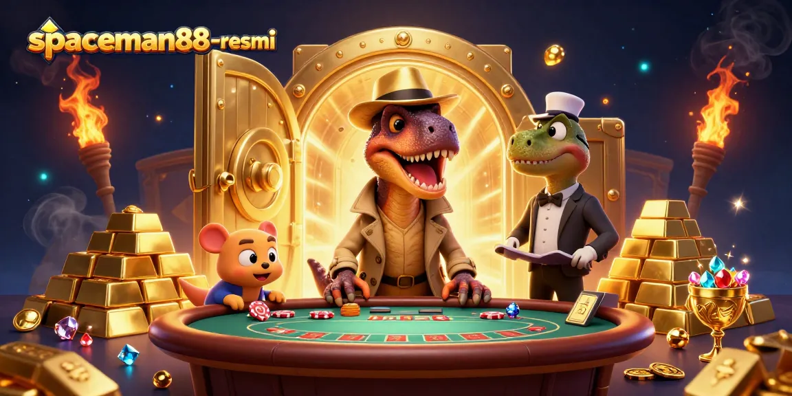 Experience the thrill of gambling at spaceman88-resmi with a 3D velociraptor card counter at a blackjack table.