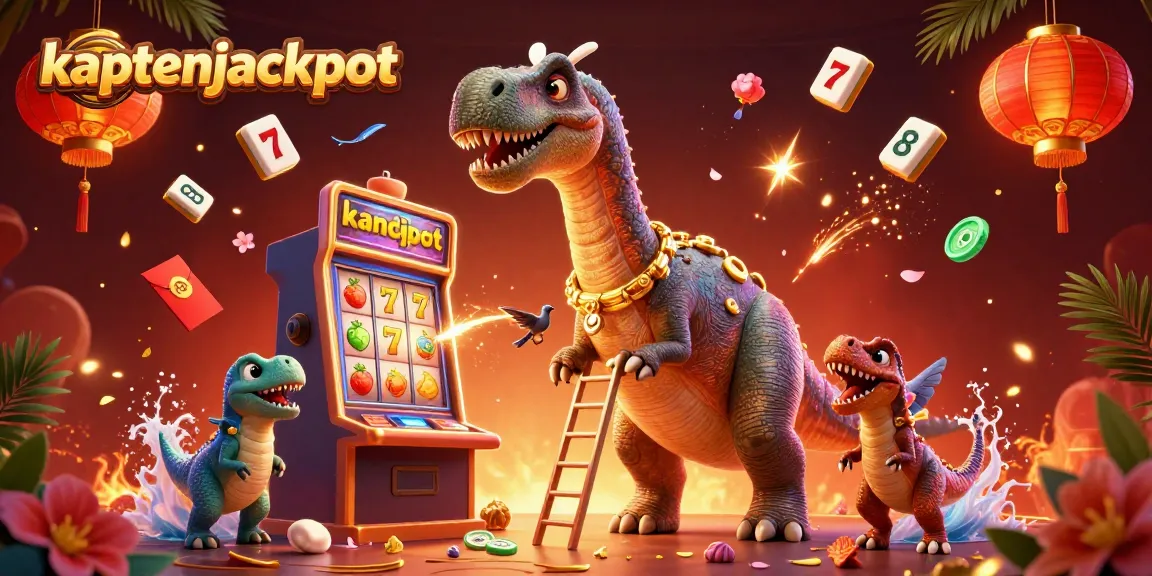 Experience the excitement of kaptenjackpot as a friendly brontosaurus plays slots in a colorful casino.