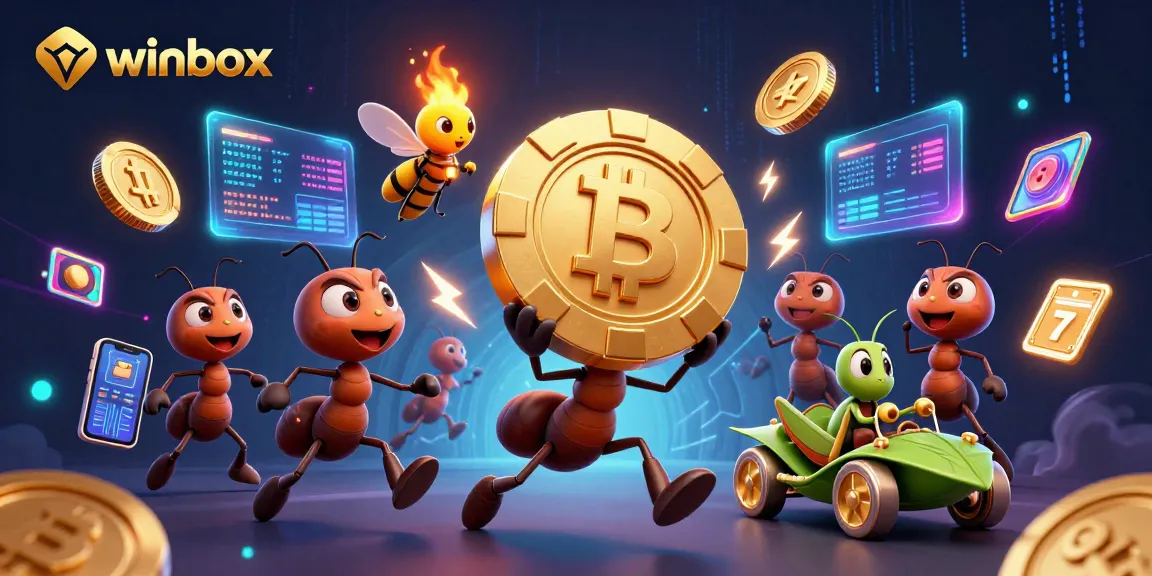 Winbox illustration of ants transporting a giant poker chip amidst neon cryptocurrency elements, enhancing gaming excitement.