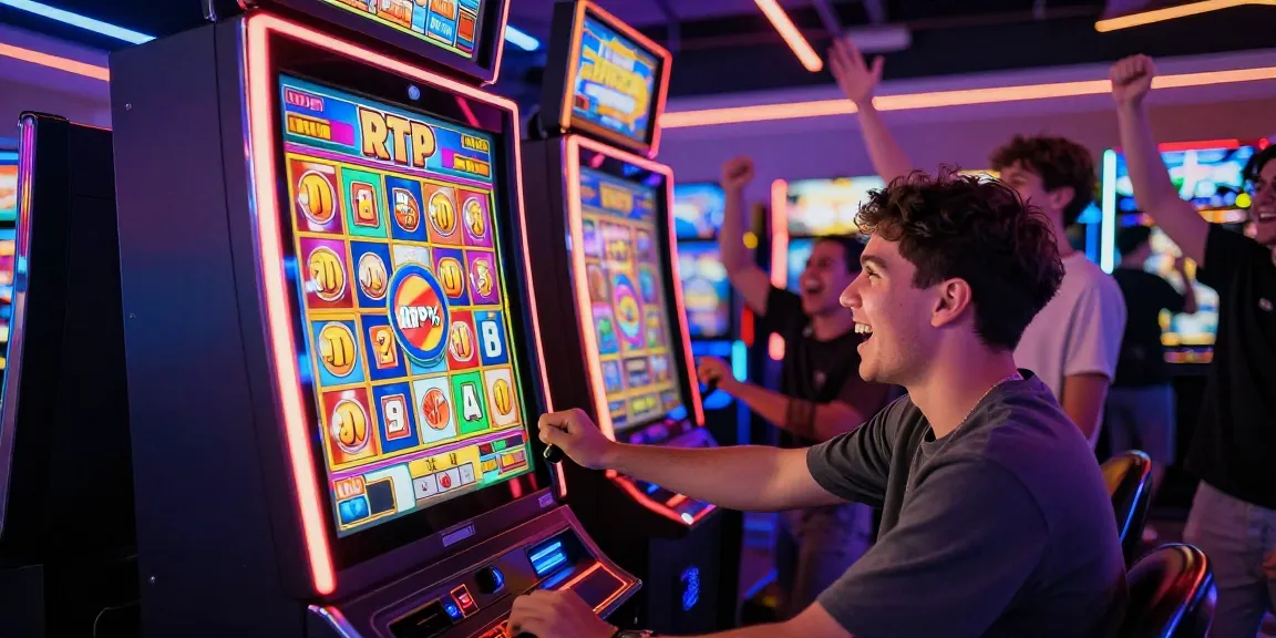 RTP slot online menampilkan pemain bersemangat dengan mesin slot penuh warna, suasana arcade yang meriah.