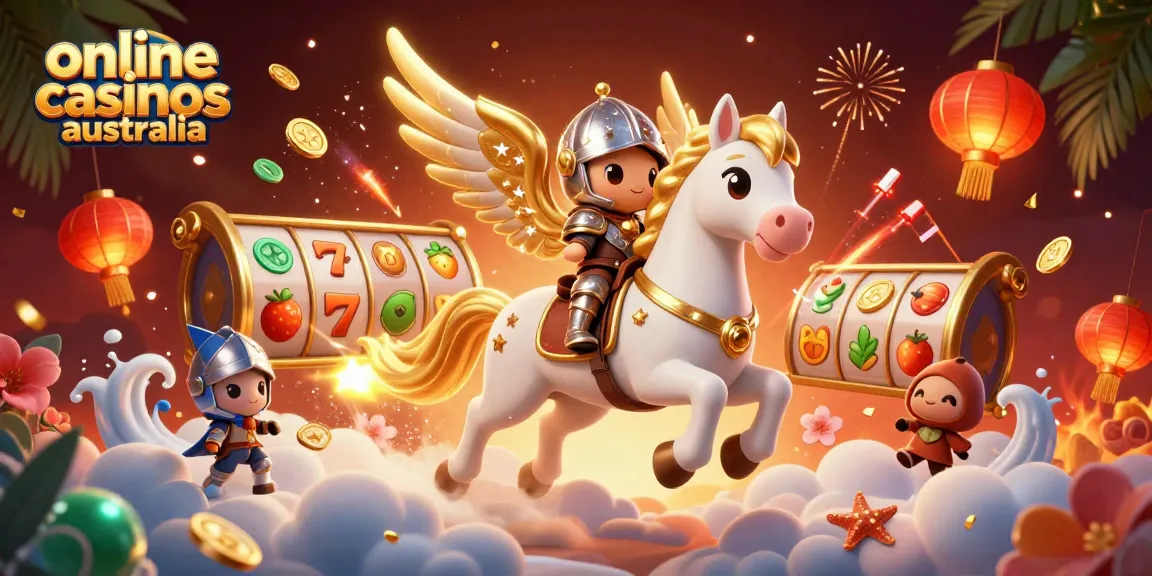 Experience thrilling slot action at online casinos Australia with a celestial knight and golden horse.