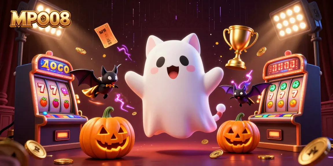MPO08 engages players with interactive ghostly fun in a haunted casino filled with vibrant slot game elements.