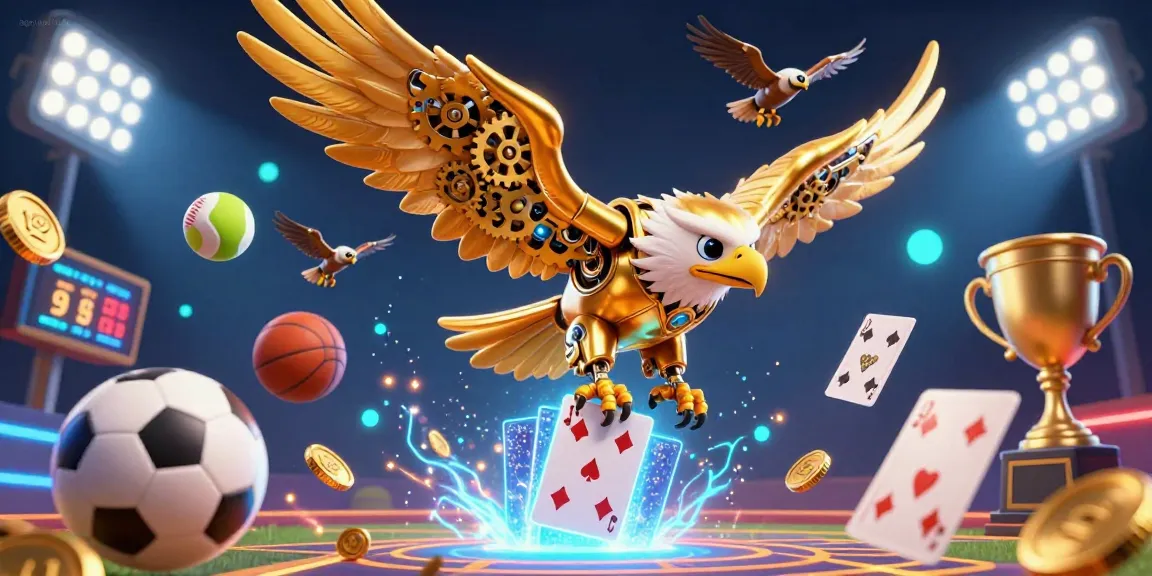 Agen judi bola showcases an action-packed sports betting scene featuring a cybernetic eagle and sports balls.