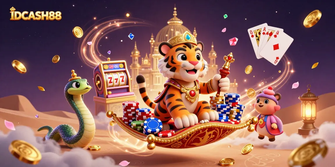 IDCASH88 features a vibrant scene with a sultan on a poker chip carpet, showcasing online slot excitement.